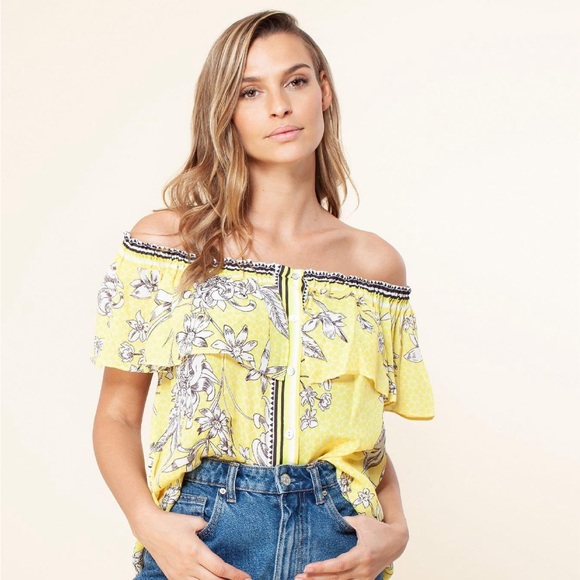 Hale Bob Yellow Off The Shoulder White Flower Print Blouse New Size S - Picture 1 of 5